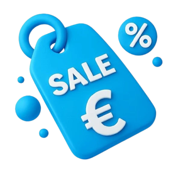 3D grafika so symbolom eura a nápisom SALE znázorňujúca transparentné cenové podmienky.