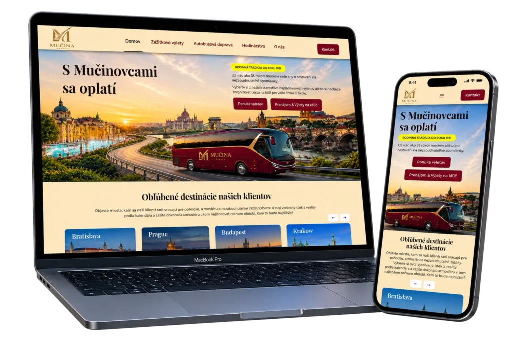 Ukážka responzívneho redizajnu webovej stránky pre Mučina Travel na displeji MacBooku a iPhone.