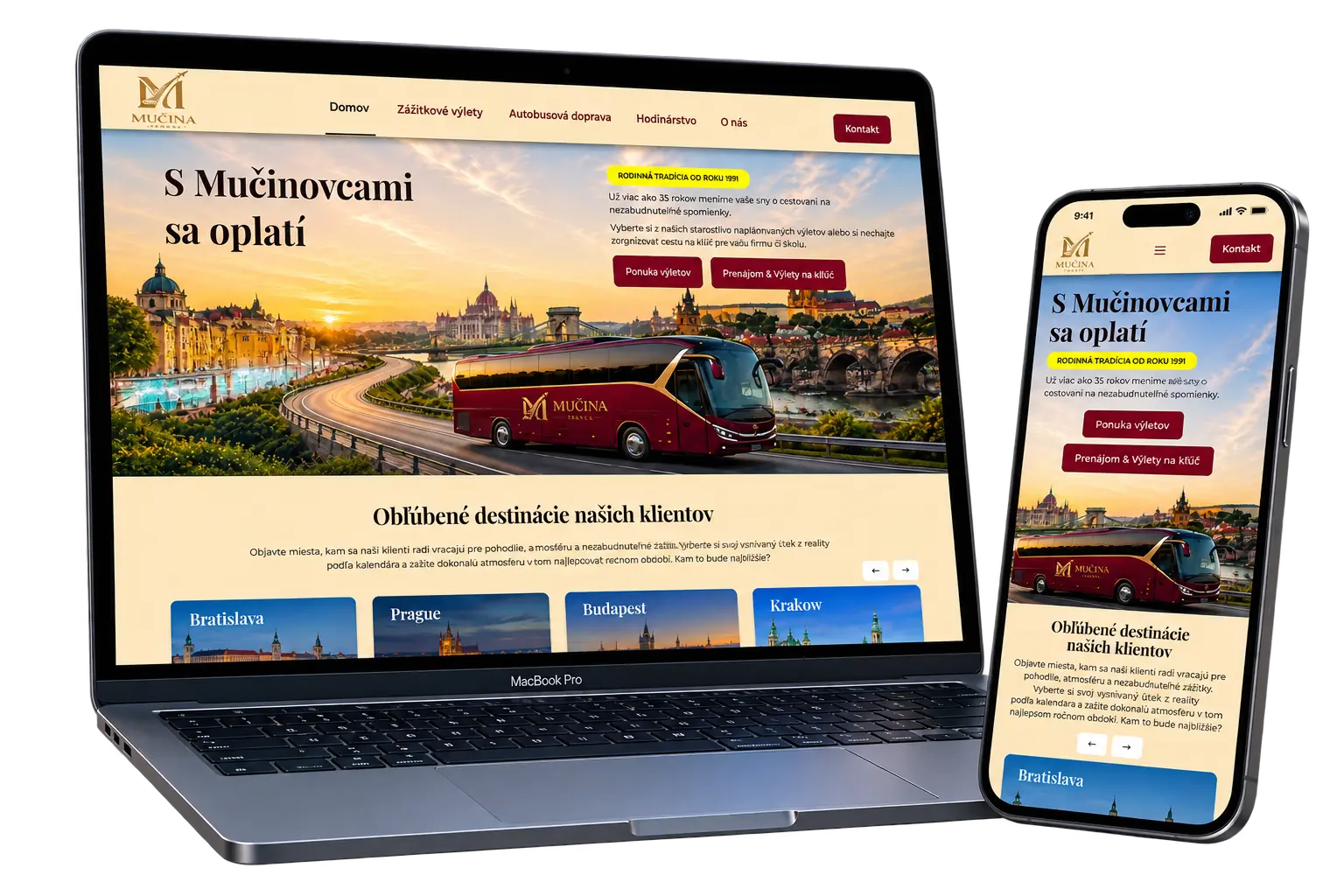 Ukážka responzívneho redizajnu webovej stránky pre Mučina Travel na displeji MacBooku a iPhone.